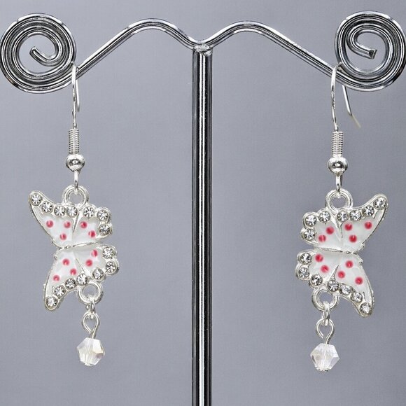 Pink Polka Dot Butterfly Earrings Handmade Sterling Silver - Picture 5 of 5